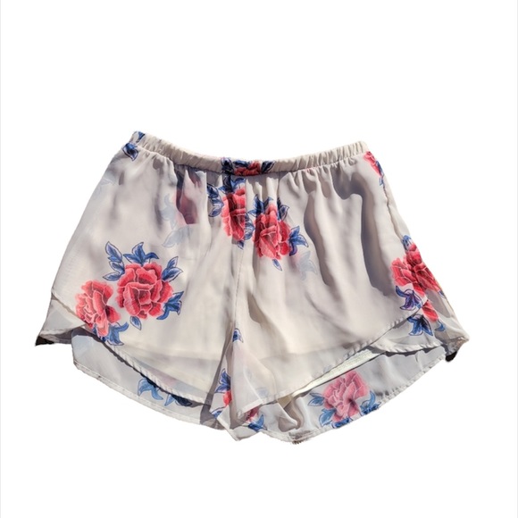Peach Love California roses print Floral Chiffon Shorts ivory high waisted M - Picture 3 of 9